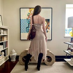 Bohemian Graceful Tube Top Asymmetric Mesh Floral Print Summer Midi Dress