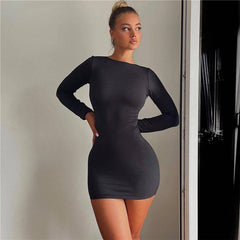 Autumn Winter Women Clothing Long Sleeve Sexy Backless Slim Fit Solid Color Sheath Dress