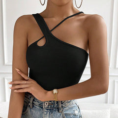 Women Clothing Autumn Winter Slim Fit Sexy Cutout Waffle Ultra Short Spaghetti Strap Camisole Top