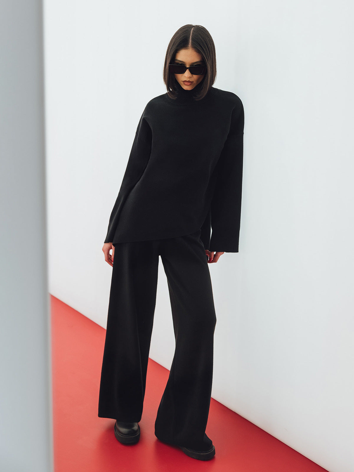 Half Turtleneck Irregular Asymmetric Sweater Suit Elegant Beveled Sweater Knitted Wide Leg Pants