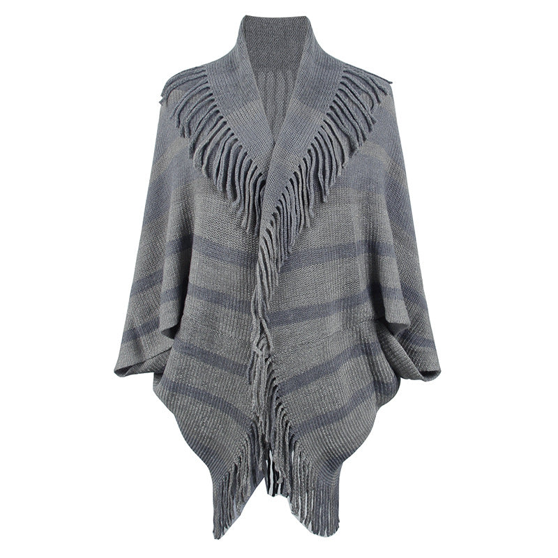 Tassel Inverness Women Autumn Winter Knitted Striped Cloak Women