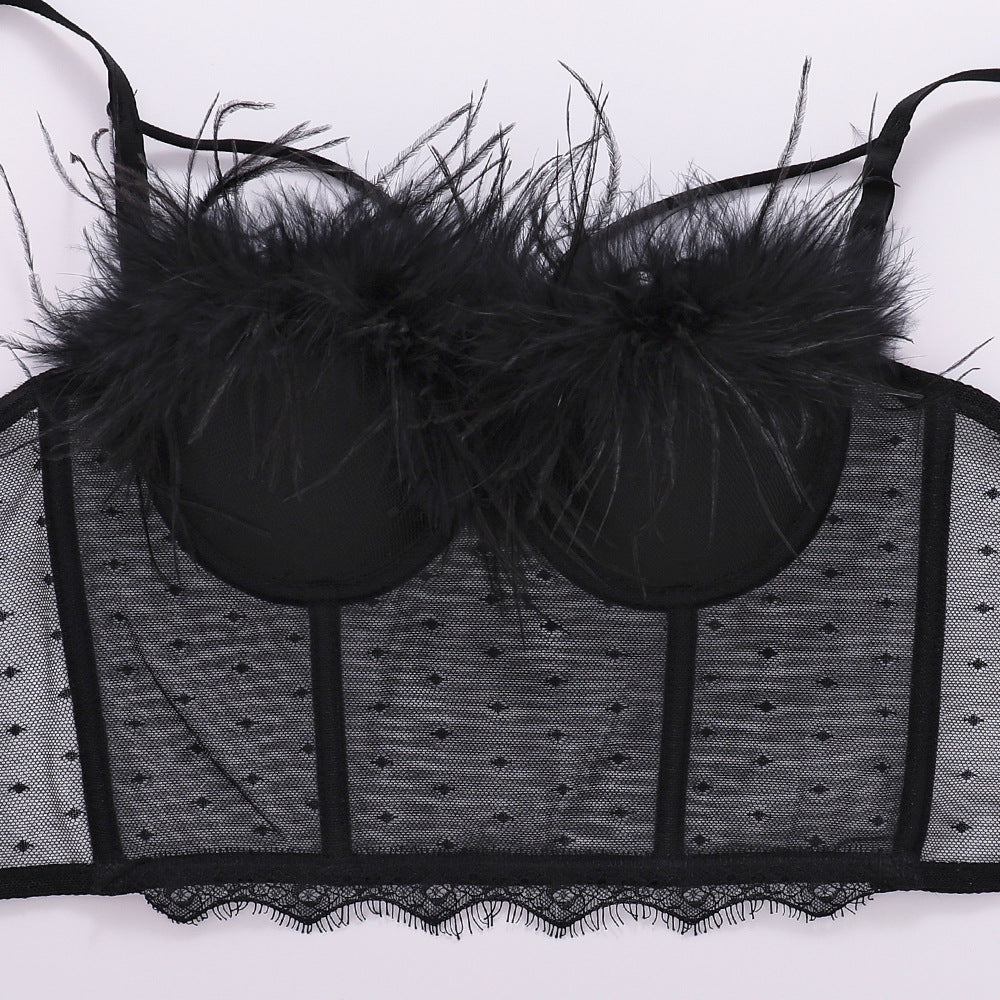 Lace Mesh Camisole Vest Women Outer Wear Hollow Out Cutout Backless Sexy True Feathers Tube Top Women