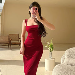 Spring Summer Elegant Lady Socialite Slim Fit Maxi Dress Basic Strap Dress for Women