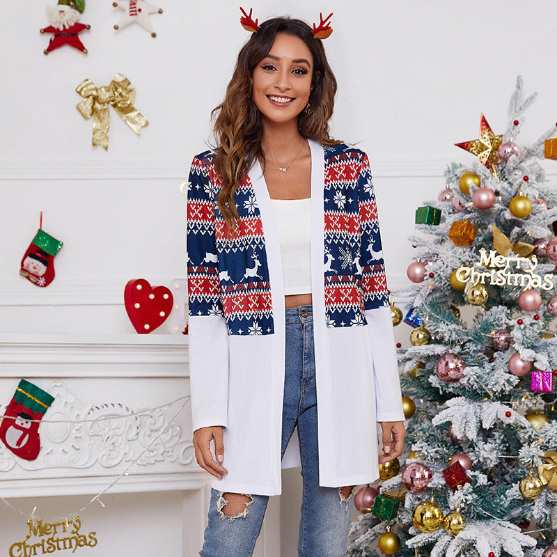 Autumn Winter  Loose Color Matching Christmas Printing Casual Cardigan Coat