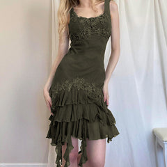 Retro Beggar Vacation Ruffled Irregular Asymmetric Lace Vest Dress Sexy Slim Fit Backless Short Dress
