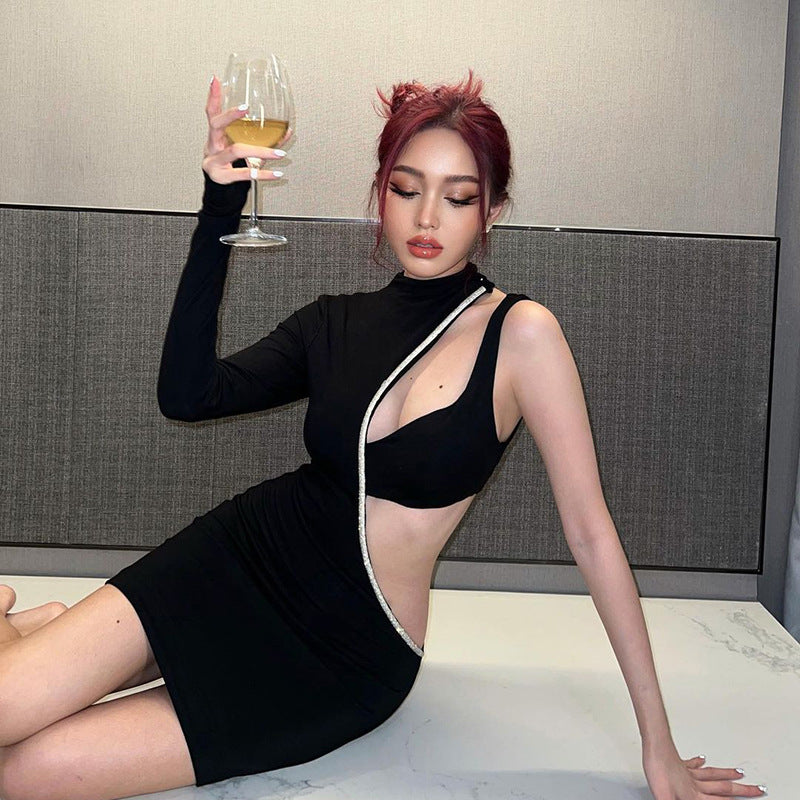 Elegant Party Hip Sexy Slim Fit One Shoulder Hollow Out Cutout Out Rhinestone Dress