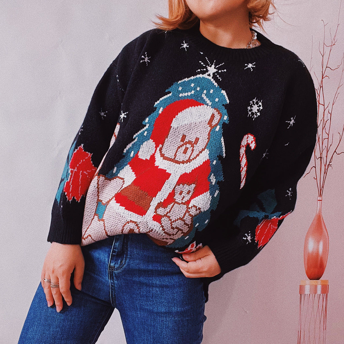 Christmas  Casual Loose Thick Christmas Bear round Neck Long Sleeve Bottoming Pullover  Women Sweater