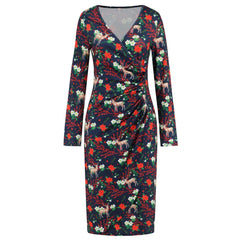 Christmas Printed Dress V Neck Slimming Slim Fit Dress Autumn Winter Women Clothing