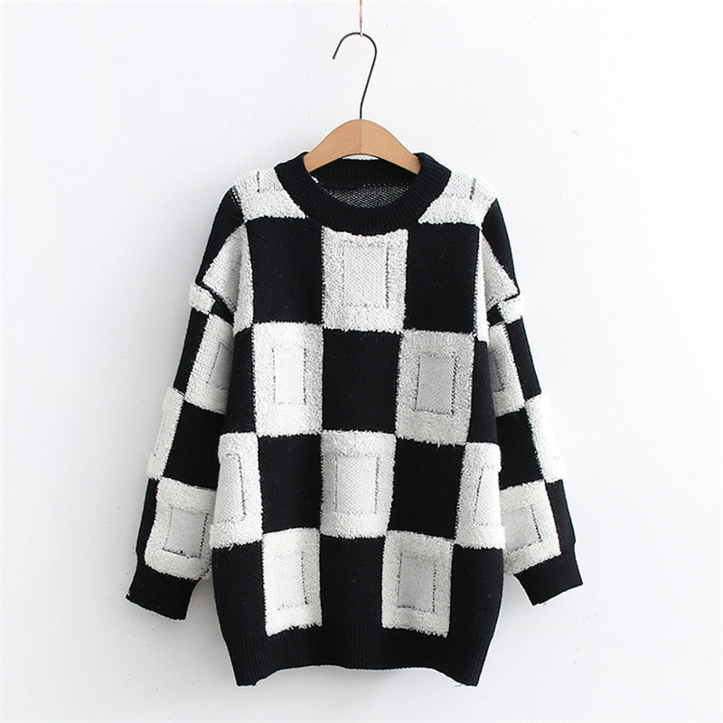 Autumn Winter Casual Chessboard Plaid Knitted Pullover Color Matching round Neck Long Sleeve Sweater Women