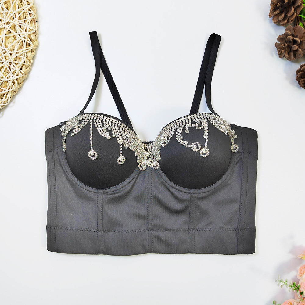 Body Shaping Boning Corset Bra With Steel Ring Sexy Corset Water Drop Metal Diamond Chain Tassel Strap Outer Wear Tube Top Women