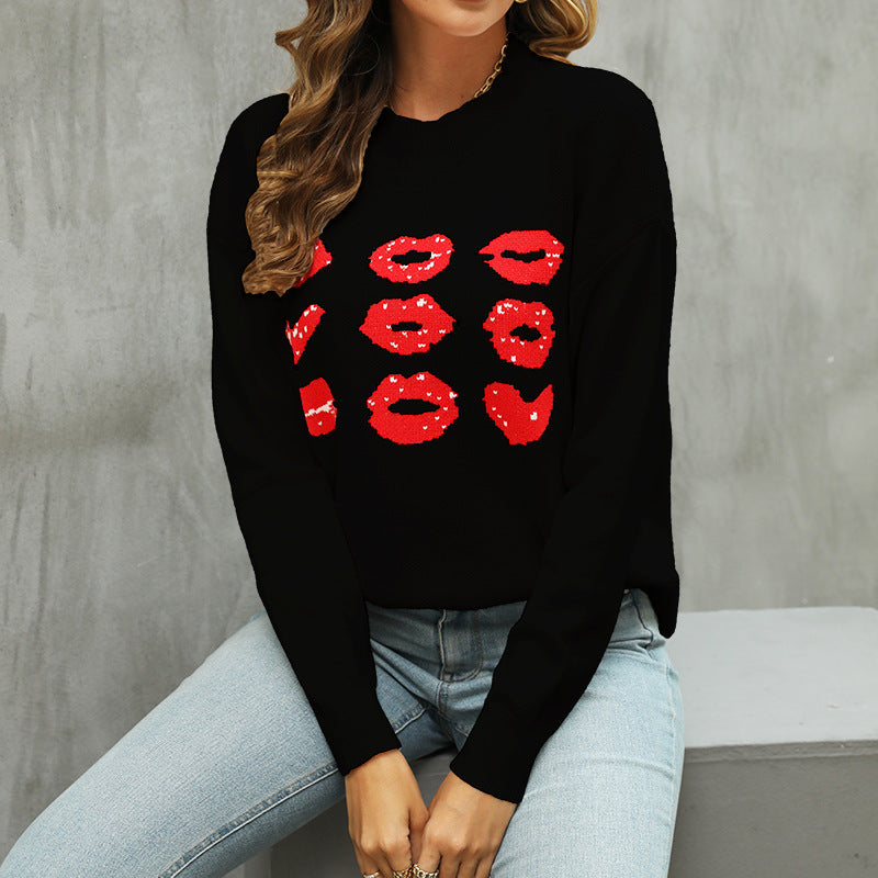 Women Clothing Amicg Tidal Surge Emotion Sweater Love Pullover Lip Contrast Color Loose Sweater