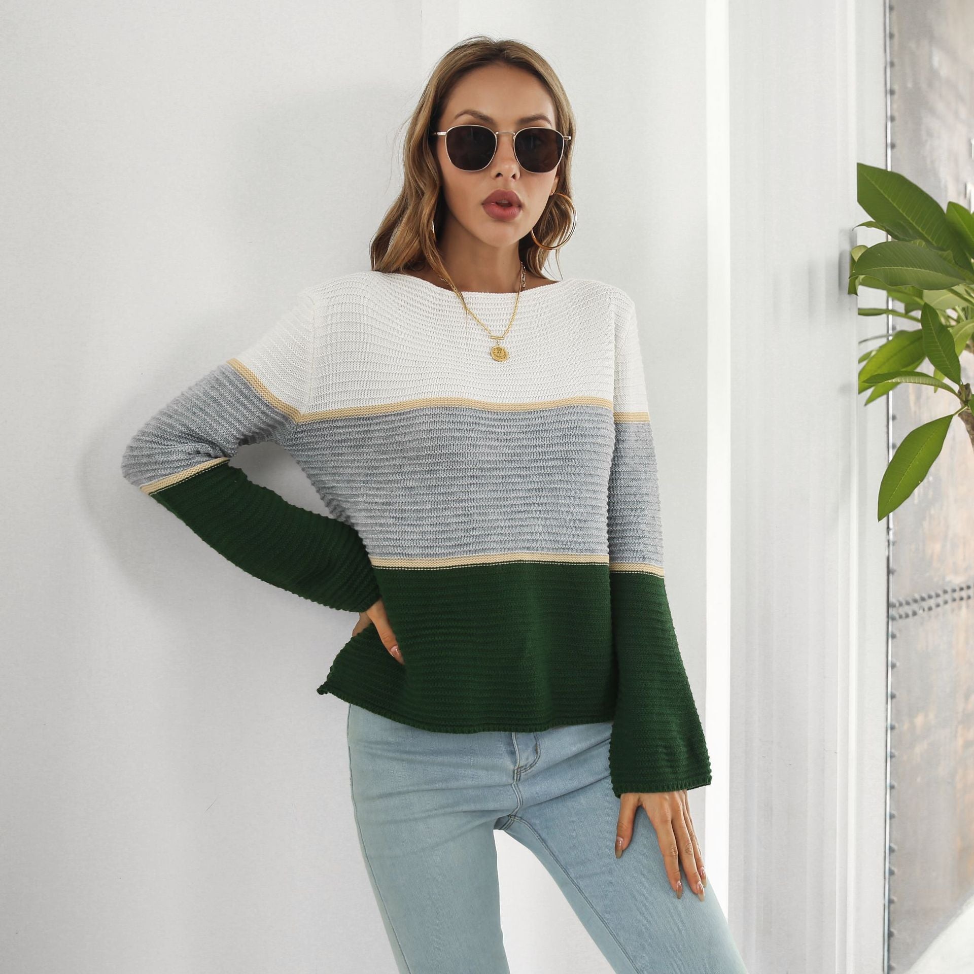 Contrast Color Gradient Color Striped off Neck Sweater Women Color Matching Knitwear Sweater