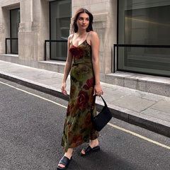 Rose Print Sexy Low Cut V neck Stiletto Heel Cami Dress  Slimming Chiffon Dress