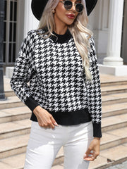 Autumn Winter Round Neck Advanced Simple Contrast Color Houndstooth Pullover Sweater