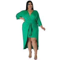 Plus Size Women Clothes Sexy Sheath Mid-Length Sleeve V-neck Lace-up Sheath Dress