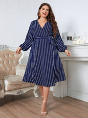 Plus Size Office Striped Loose V neck Belt Women Dress