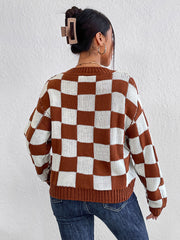 Women Clothing Long Sleeve Autumn Winter Color Matching Chessboard Plaid Loose Crew Neck Pullover Sweater Women