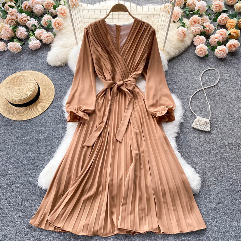 Wear Long Sleeves V-neck Bow Lace-up Cinched Waist over-the-Knee Maxi Dress Women French Retro Big Swing Dress Pleated