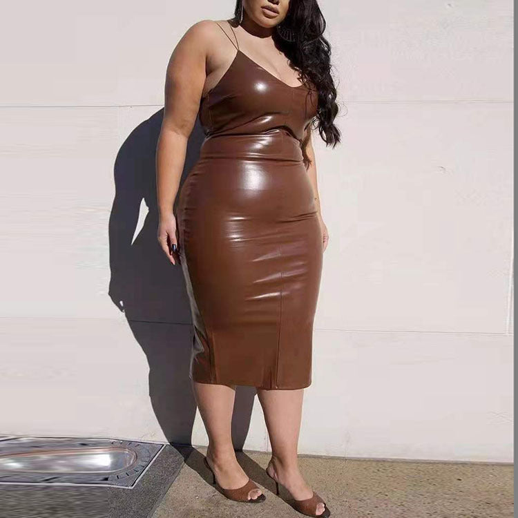 Plus Size Women Clothing plus-Sized Fall Winter Fashion Leather Cami Dress