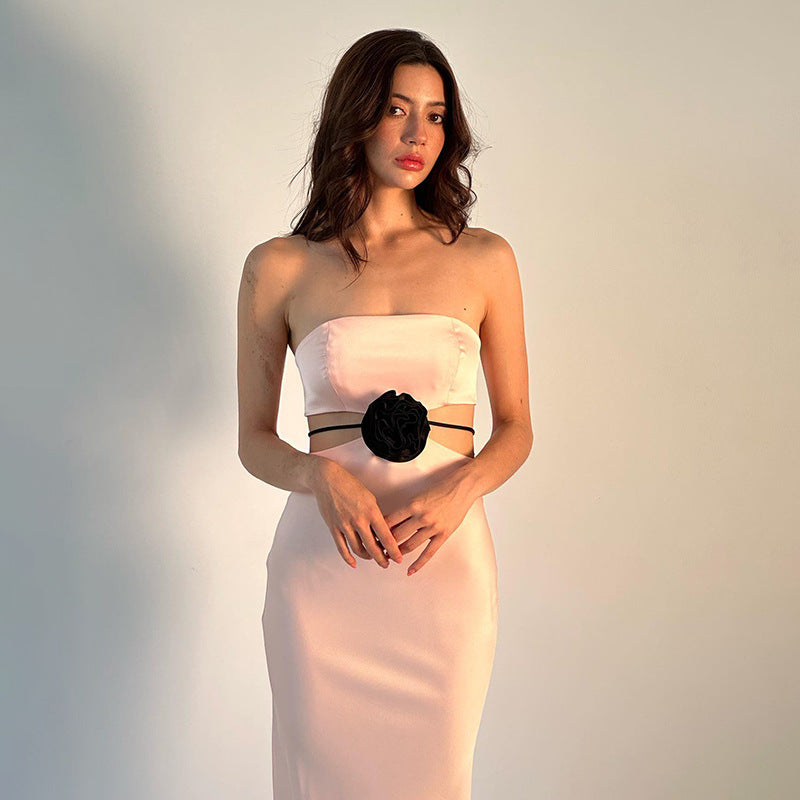 Spring Summer Elegant Socialite Dress Floral Satin Hollow Out Cutout Dress Women