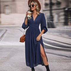 Autumn Women Clothing Long Sleeve Solid Color Dress Mid Length