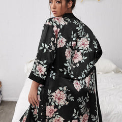 Plus Size Bathrobe Loose Casual Artificial Silk V neck Ladies  Homewear Cardigan Lace up Nightgown