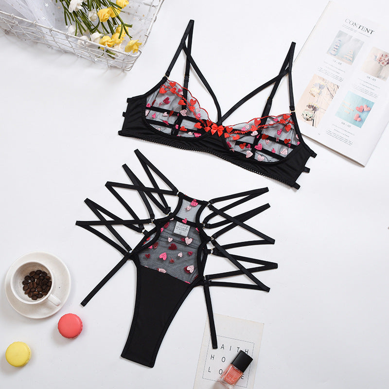 Product Women Clothing Mesh Embroidery Love See-through Stitching Criss Cross Strap Underwear Two-Piece Set