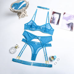 Summer Women Clothing Sexy Underwear Mesh Comfortable Slimming Push up Four-Piece Set with Steel Ring