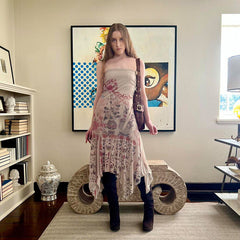 Bohemian Graceful Tube Top Asymmetric Mesh Floral Print Summer Midi Dress