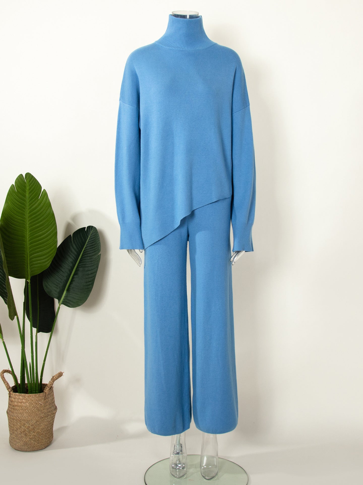 Half Turtleneck Irregular Asymmetric Sweater Suit Elegant Beveled Sweater Knitted Wide Leg Pants