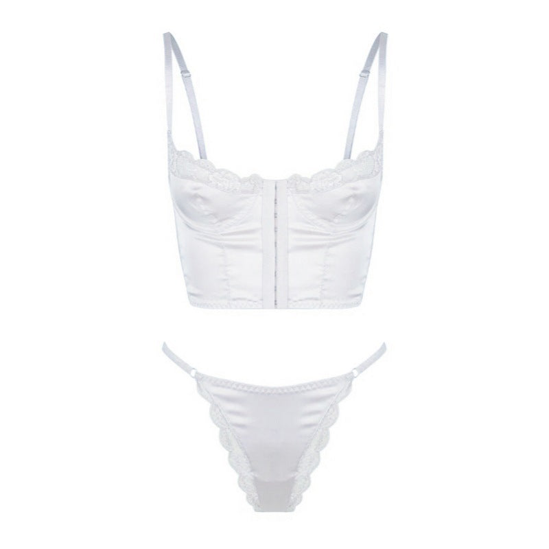 Bohemian Buckled Front Shaped Back Corset Satin Satin Lace Edge Sexy Vest Bra Set Women