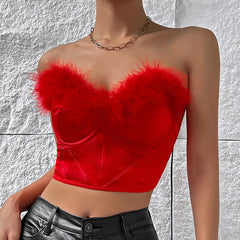 Sexy Red Wool Tops Stitching Tube Top Low Cut Short Outer Wear Bone Clothing Women