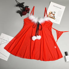 Christmas Outfit Cute Fur Ball Christmas Carnival Year Skirt Set with T-Back