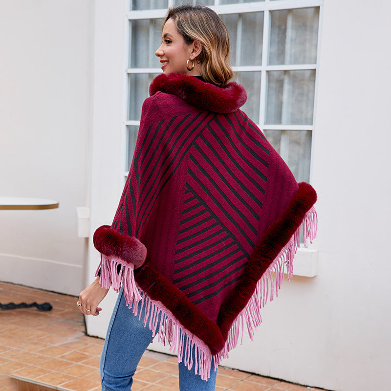 Fur Collar Pullover Tassel Knitted Cape for Women Autumn Winter Stripe Warm Shawl