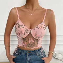 Sexy Backless See-through Mesh Camisole Drawstring Patchwork Vest
