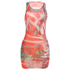 Summer Women Clothes Sexy Mesh Floral Print Sleeveless See through Slim Fit Sheath Dress