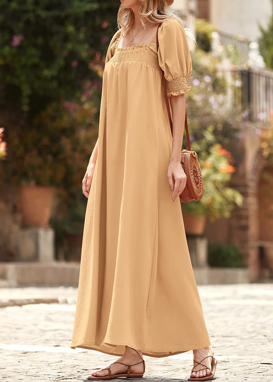 Spring Summer Puff Sleeve Square Collar Dress Solid Color Loose Casual Pocket Maxi Dress