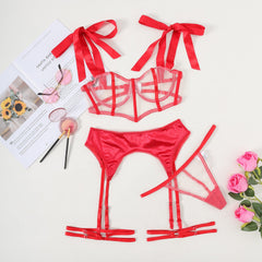Mesh Stitching Bow Lace Sexy Sexy Three Piece Set