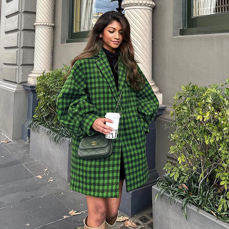 Women  Clothing Retro Plaid Wool Short Coat Green Boyfriend Loose Autumn Winter Woolen Coat