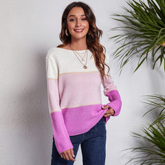 Contrast Color Gradient Color Striped off Neck Sweater Women Color Matching Knitwear Sweater