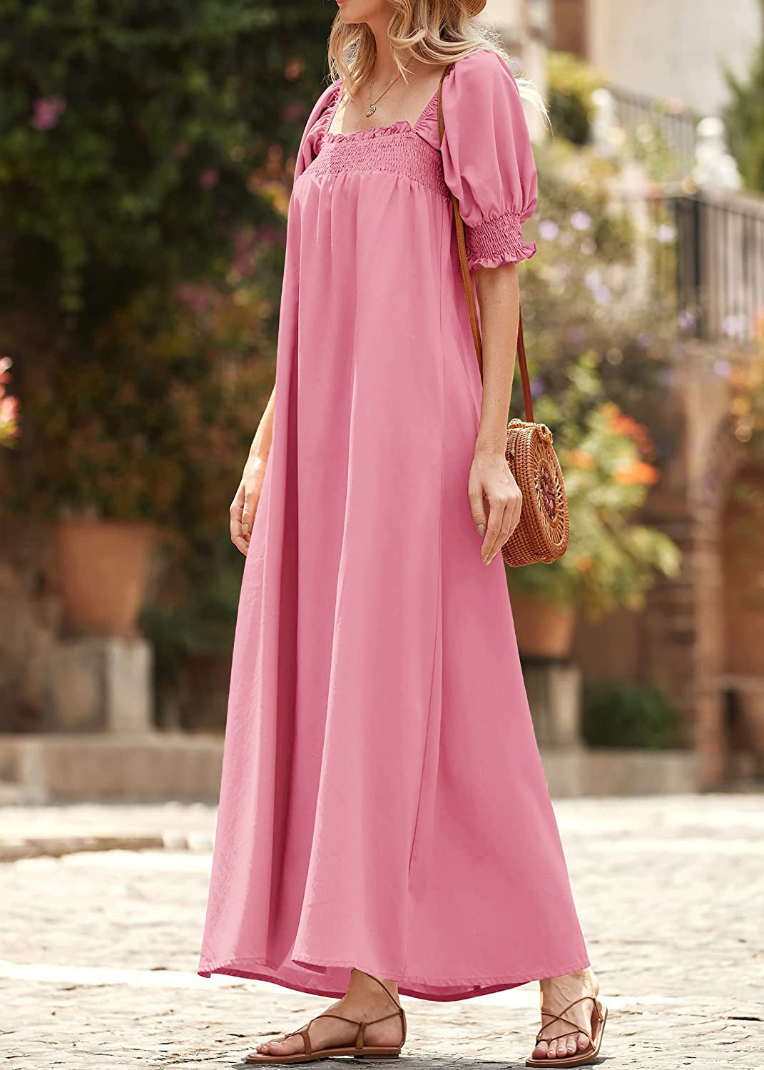 Spring Summer Puff Sleeve Square Collar Dress Solid Color Loose Casual Pocket Maxi Dress