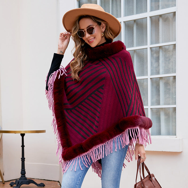 Fur Collar Pullover Tassel Knitted Cape for Women Autumn Winter Stripe Warm Shawl