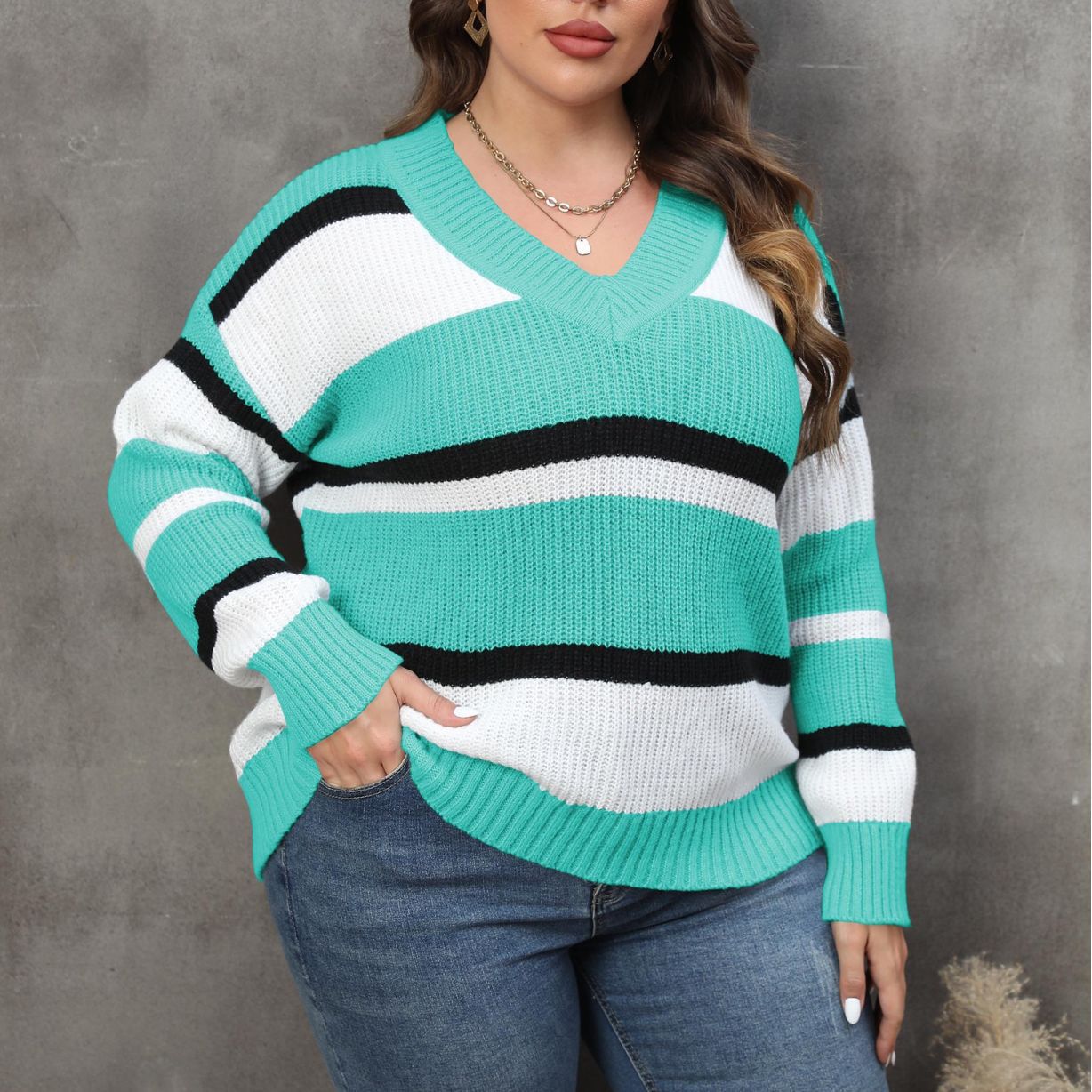 Plus Size Women Pullover Sweater Women Clothing Autumn Winter V Collar Contrast Color Stitching Sweater