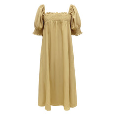 Spring Summer Puff Sleeve Square Collar Dress Solid Color Loose Casual Pocket Maxi Dress