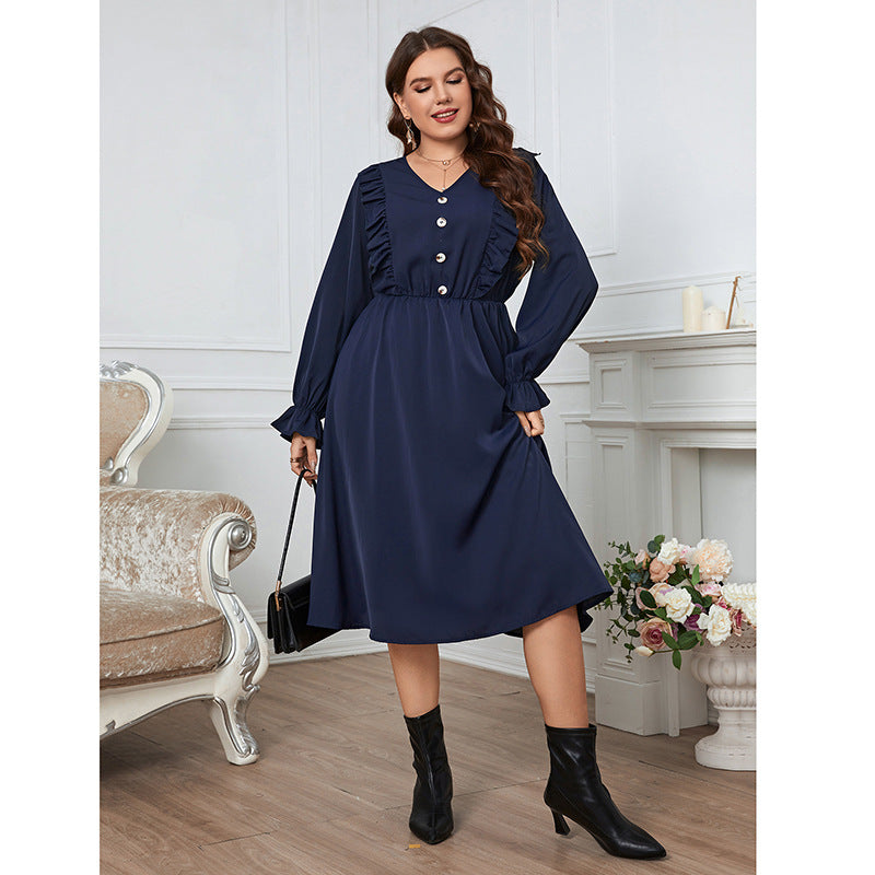 Solid Color Simple Button Lace Sleeve V neck plus Size Dress