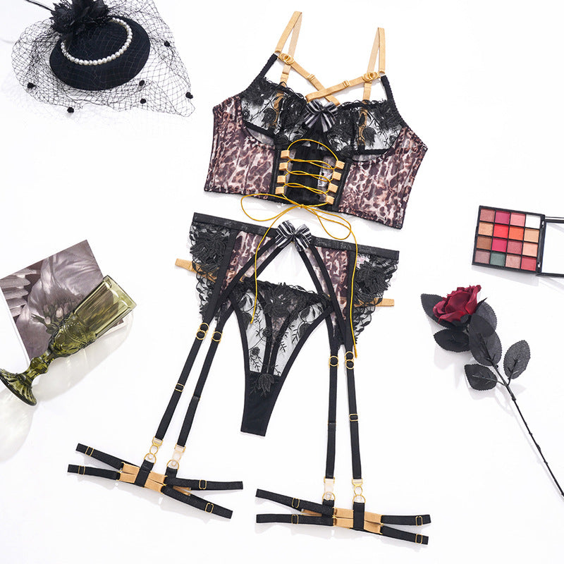 Embroidery Stitching Leopard Print Mesh Color Contrast Sexy Underwear Four Or Five Pieces Suit