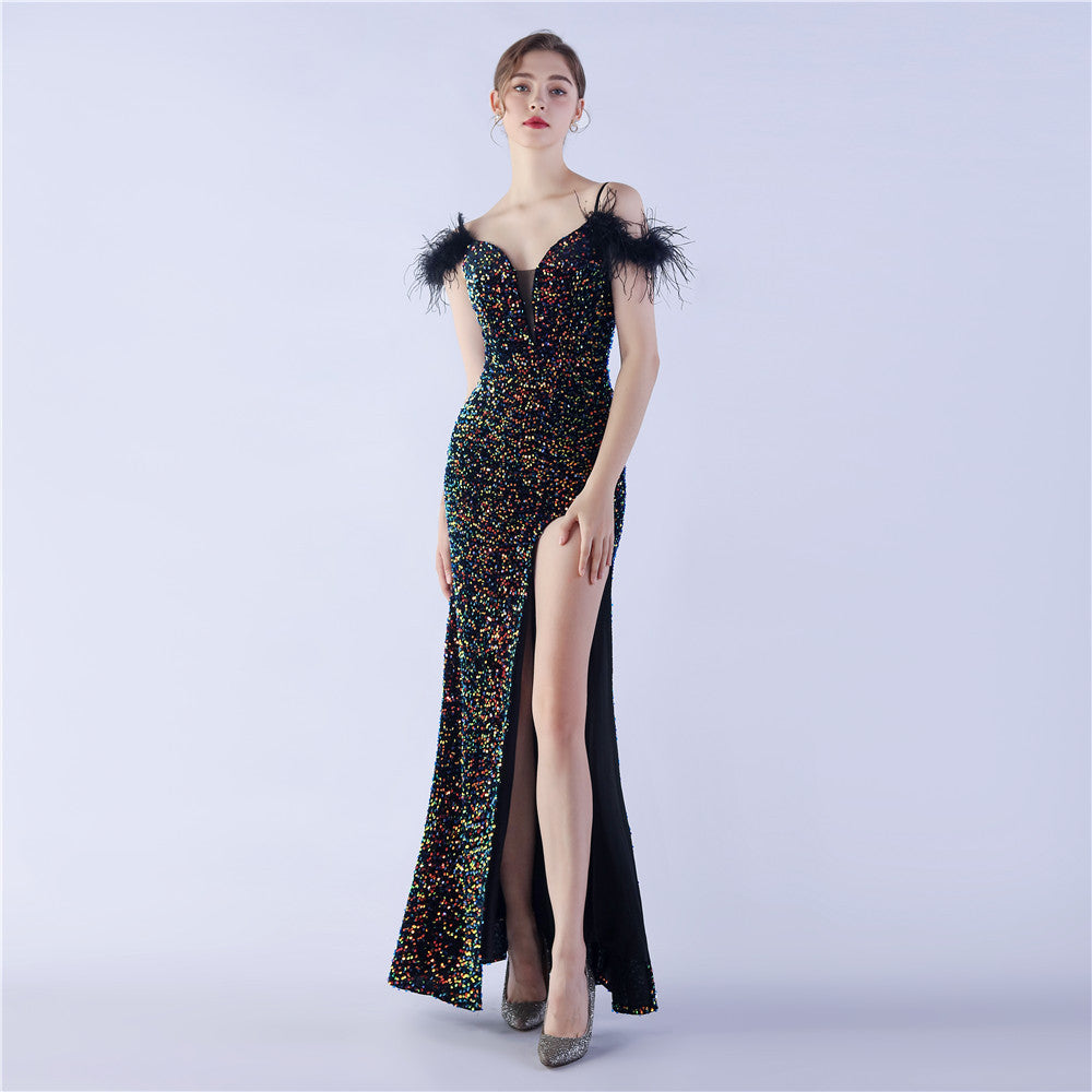 Craft Order Ostrich Feather High Density Sequined Long Evening Dress