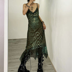 Sexy Lace Stitching Retro Printed Design Back Cross Strap Cami Dress