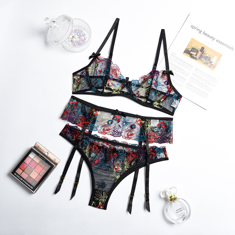 Women Wear Boutique Embroidery Heavy Craft Floral Gauzy Underwear Gathered Three-Piece Set