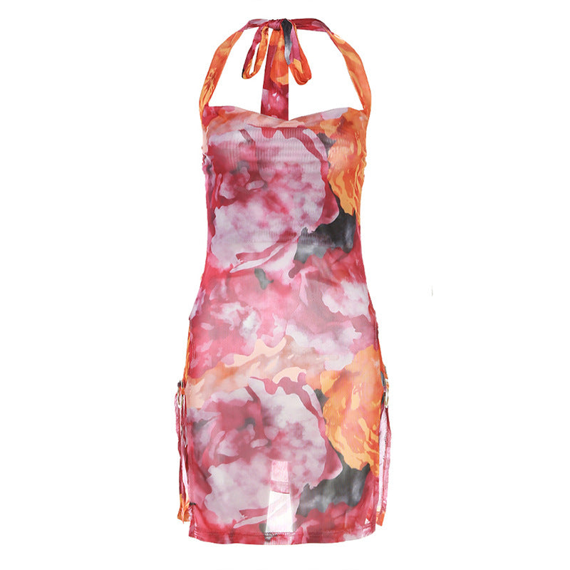 Summer Women  Clothing Halter Sexy Backless Slim Fit Floral Print Slit Dress